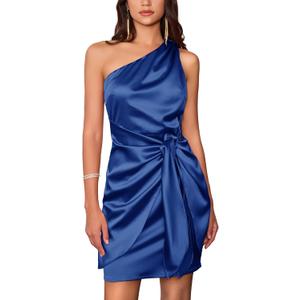 GRACE KARIN 2025 Women Satin Dress Cocktail One Shoulder Sleeveless Tie Waist Party Mini Dresses (14, Royal Blue)
