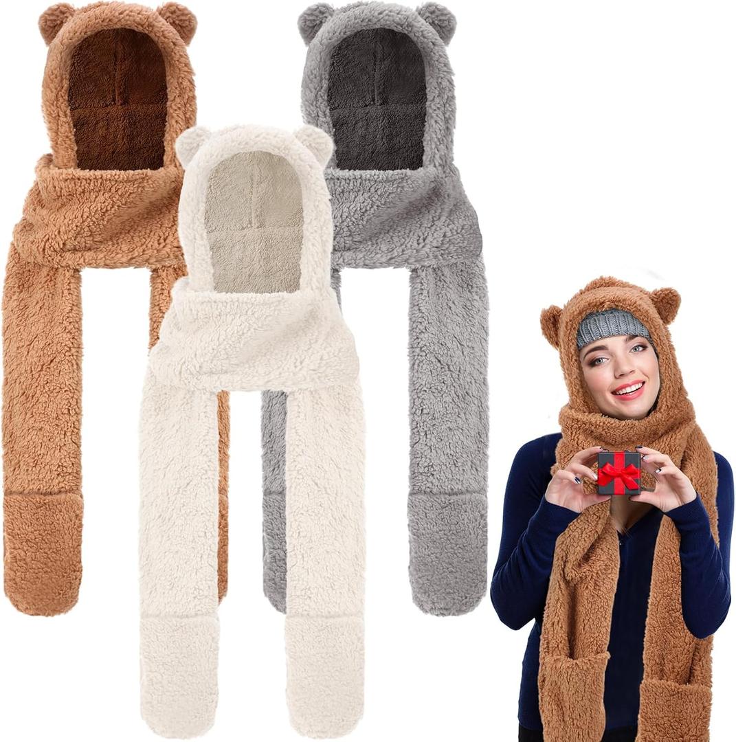 Coume 3 Pack Christmas Winter Fleece Women Bear Ear Sherpa Hooded Scarf Hat Gloves Hooded Scarf Ear Protection Windproof Cap (Mixed Colors)