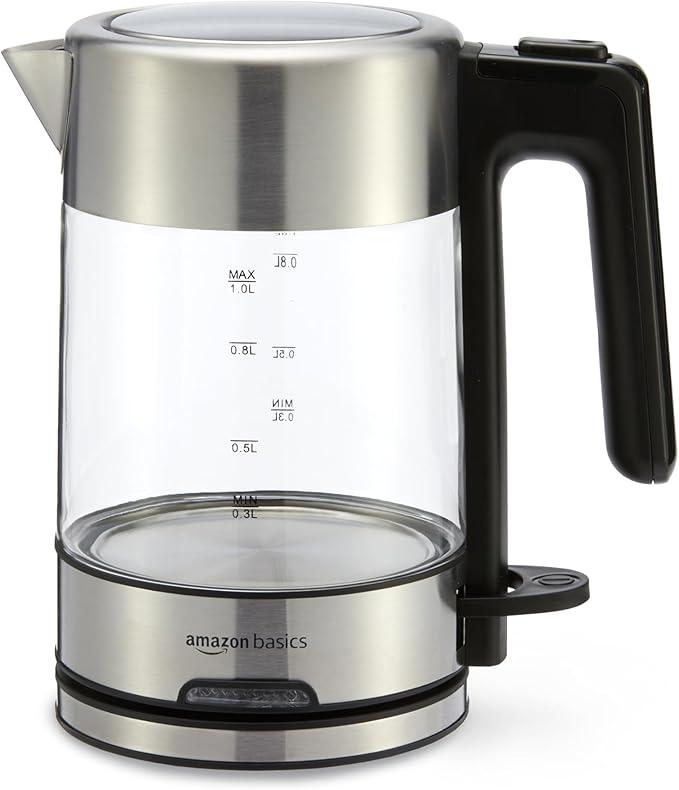 Amazon Basics Electric Kettle with Glass Carafe for Tea and Coffee, Fast Boiling, Auto Shut-Off, Boil-Dry Protection, Temperature Control, Removable Filter, 1 Liter, 1500W, BPA-Free