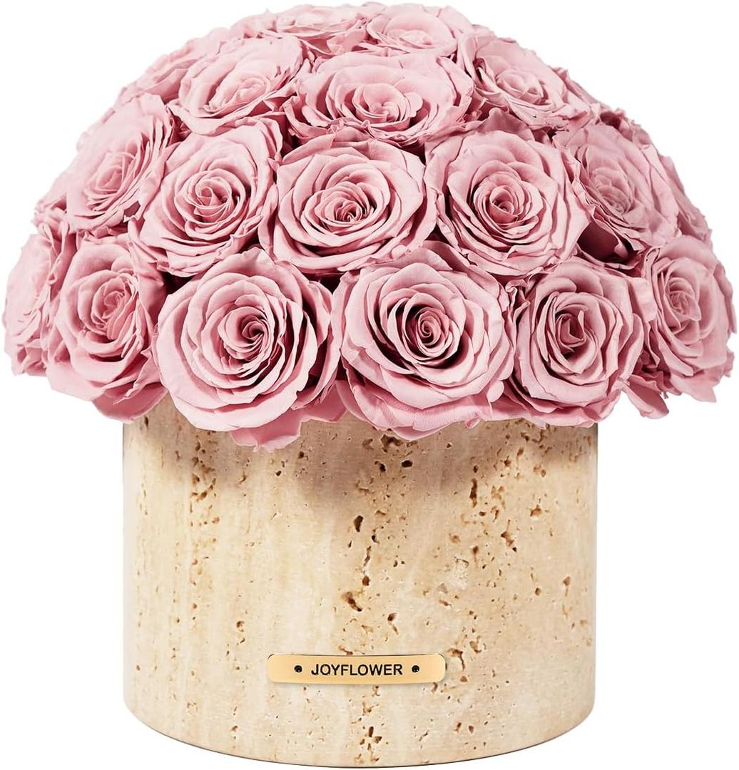 JoyFlower Preserved Flowers Vase, Yellow Travertine Vase with Forever Flowers Decor for Table Centerpieces, Pink Eternal Flower Vase Decorations for Party Home Living Room Bedroom House Coffee Shop