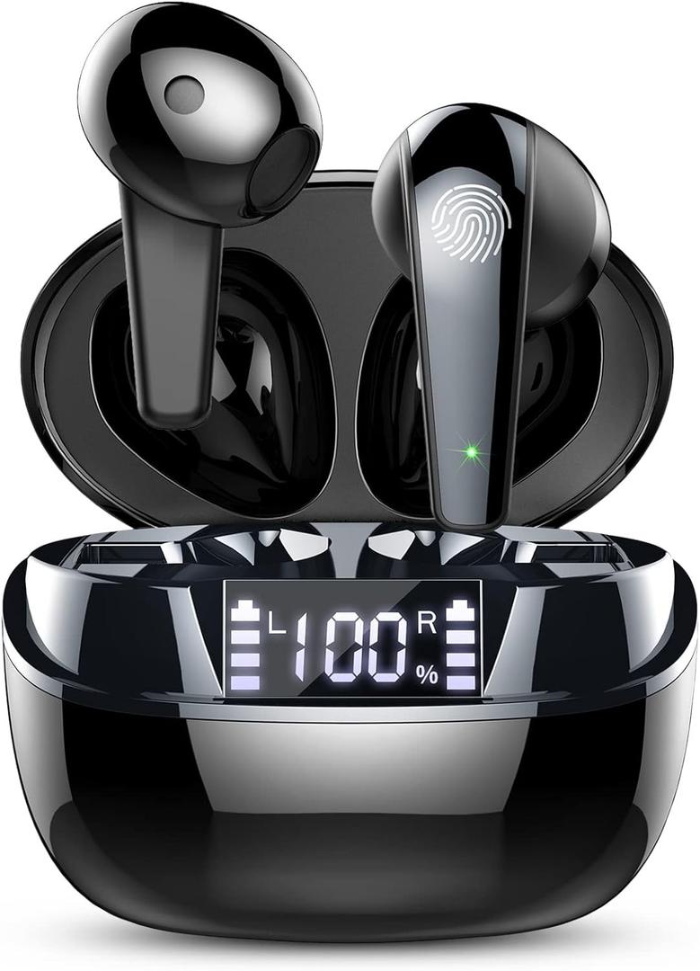Ordtop Wireless Earbud Bluetooth Headphones, Hi-Fi Stereo Ear Buds with 4 ENC Cancelling Mics, in-Ear Earphones IP7 Waterproof Sports, LED Display, Mini Headset for Android/iOS (Black/Grey)