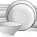 Christian Siriano Lustra Modern 16-Piece Stoneware Dinnerware Set, Plates and Bowls Set, Dinner and Salad Plates, Ramen Bowls, Dishes for 4, White