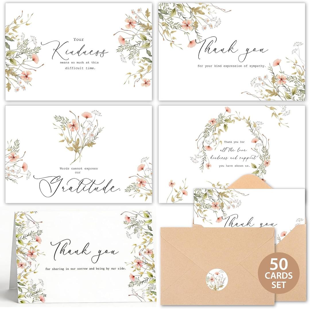 50 Pack Funeral Thank You Cards with Kraft Envelopes Stickers Sympathy Thank You Cards Bulk with Message 4x6 Inches Bereavement Notes for Memorial Service Loved Ones Celebration