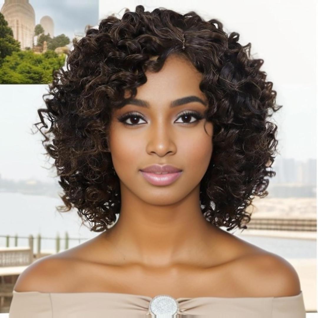 GNIMEGIL Short Curly Afro Wigs for Black Women Side Bangs Synthetic Wigs Kinky Afro Curly Wig Natural African American Hairstyles Full Hair Glueless Wig