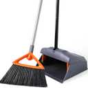 CLEANHOME Heavy Duty Broom with Dustpan Combo Set Indoor and Outdoor Dual Purpose,Stiff Bristle Commercial Angle Broom and Standing Dust Pans with Long Handle for Sweeping Home,Kitchen,Yard,Grey