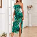 ALENDA DANMOS Womens Strapless Printed Midi Dress with Slit Floral Mesh Tube Top Dresses Ruched Bodycon Party Club Dress 333 (Green, M)