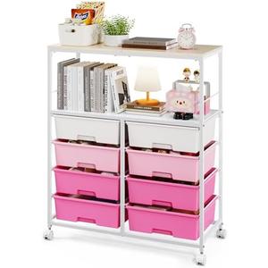 SYKIARIOL 8 Drawers Rolling Storage Cart with Wooden Top, Multipurpose Utility Cart with Opening Shelf & Lockable Wheels, Storage Drawer Cart Organizer for Home Office Craft Room Classroom, Pink