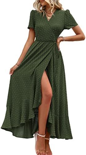 PRETTYGARDEN Women's Summer Maxi Dress Casual Wrap Floral Boho Short Sleeve V Neck Split Ruffle Beach Long Dresses, Large