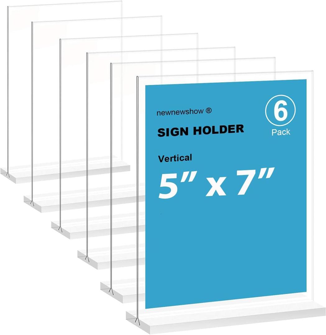 newnewshow 5x7 Acrylic Sign Holder 6 Pack Vertical T Shape Double-Sided Desktop Display Holder. (8.5x11 8.5x5.5 5x7)
