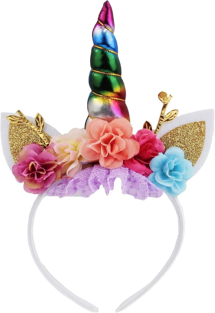 Nishine Unicorn Horn Floral Headband Glitter Ears Pony Head Bands Tiara for Girls Party Birthday Cosplay (Rainbow)
