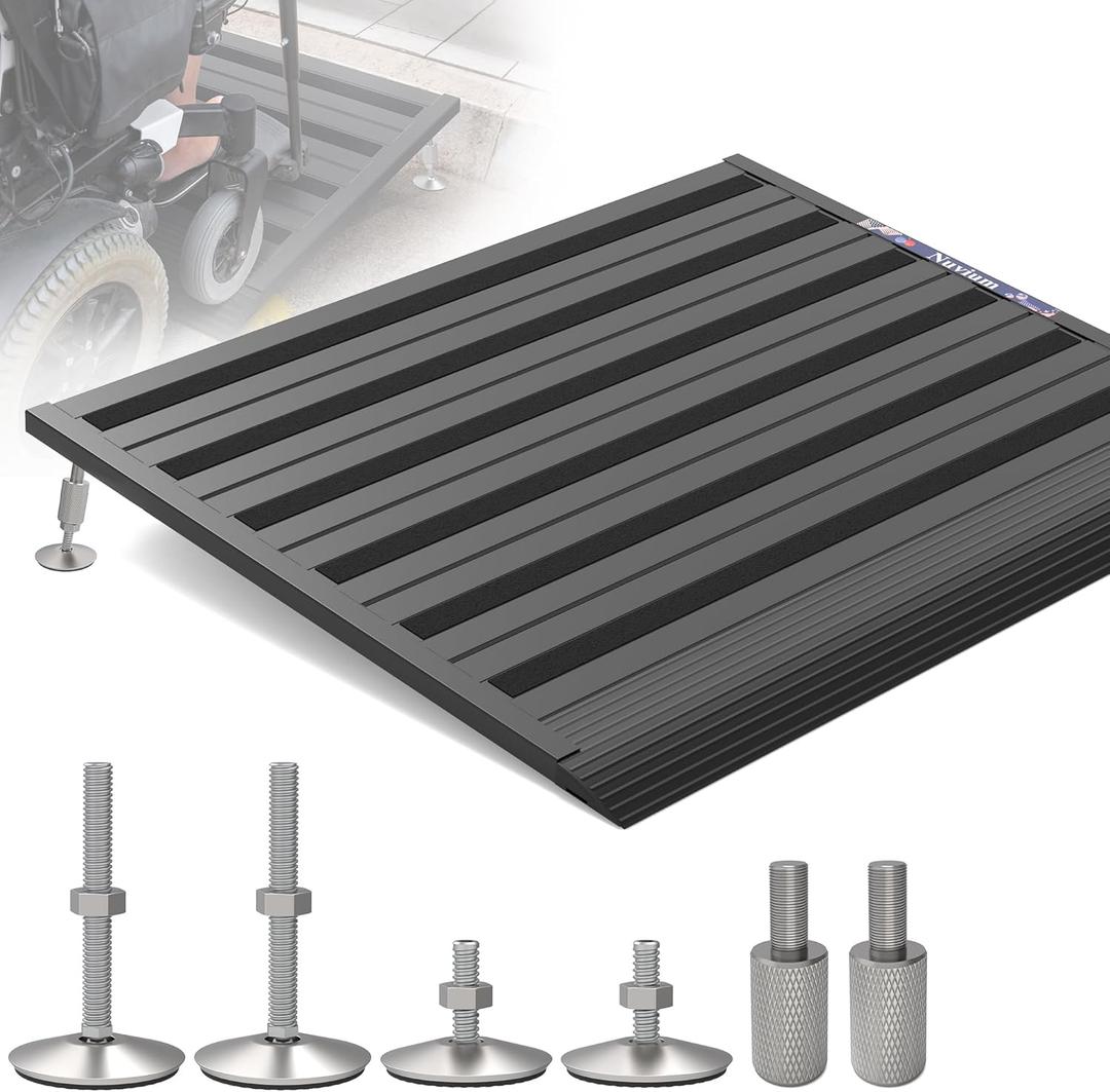 Threshold Ramp for Doorways,Adjustable Height 2.6"-7.3" Aluminum Wheelchair Ramp with Heightening Screws and Swivel Angle Leg,1100lbs Load Capacity, 30"x36'' Curb Ramp for Trolley,Power Chairs