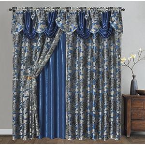 GOHD Royal ROSARIUM. Clipped Voile.Farmhouse Jacquard Window Curtain with Attached Fancy Valance and Taffeta Backing. 2pcs Set.Each pc 54 inch Wide x 84 inch Drop + 18 inch Valance. (Nightsky Blue)