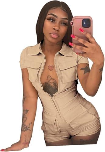 Halfword Women's Sexy Bodycon Romper Zip Up Solid Color Short Pants One Piece Jumpsuits Clubwear with Multiple Pockets Khaki Small