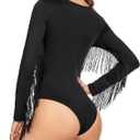 American Trends Women's Fringe Trim V Neck Long Sleeve Bodysuit Top Body Suit Concert Cowgirl Disco Outfits Leotard Jumpsuit L