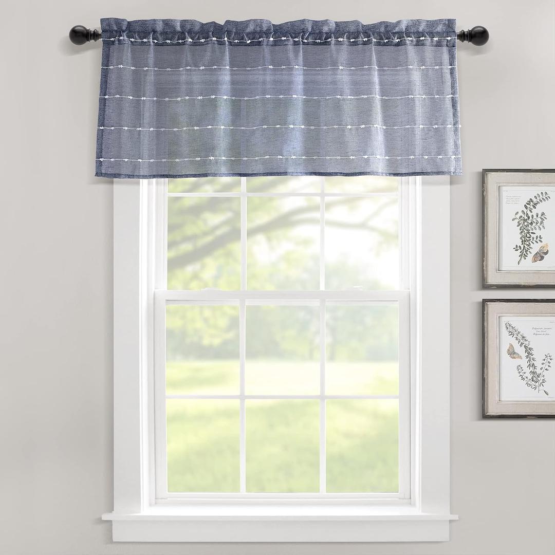 Lush Decor Farmhouse Textured Sheer Window Curtain Valance, 52"W x18"L, Navy