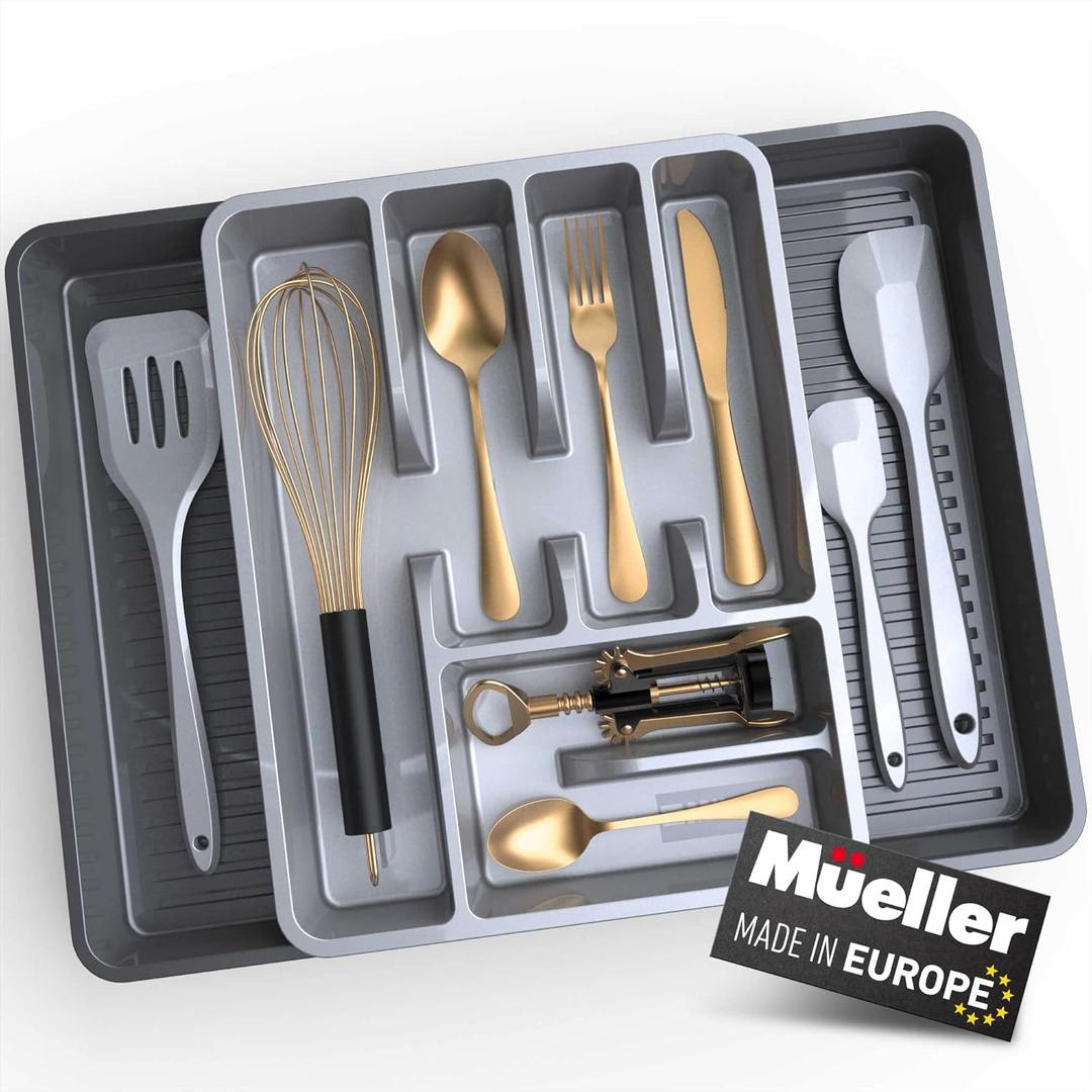 2 Pack Mueller Large Flatware Kitchen Drawer Organizer, Expandable 19.7" x 15" Silverware Organizer, 6 Compartments, Heavy-Duty, Cutlery Tray for Utensils or Stuff, Dining Room, Living Room, Grey (Gray)