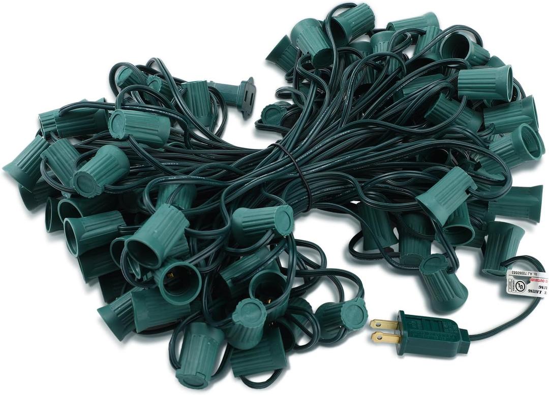 Copkim 100 ft C9/e17 Ul Listed String Light Cord Wire Spool, Christmas C9 Light Wire Stringer Strand Set for Outdoor Patio Xmas Tree Roofline, 12 Spacing, Green