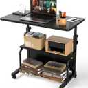 Portable Rolling Desk on Wheels Adjustable Height Desks for Small Spaces, 32" Computer Desk with Storage Shelves for Home Office Black