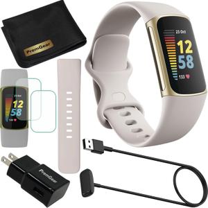 Fitbit Charge 5 Advanced Fitness & Health Tracker (White) with Built-in GPS, Stress Management Tools, Bundle with 2 Watch Bands, 3.3foot Charge Cable, Wall Adapter, Screen Shield & PremGear for Fitbit, Large