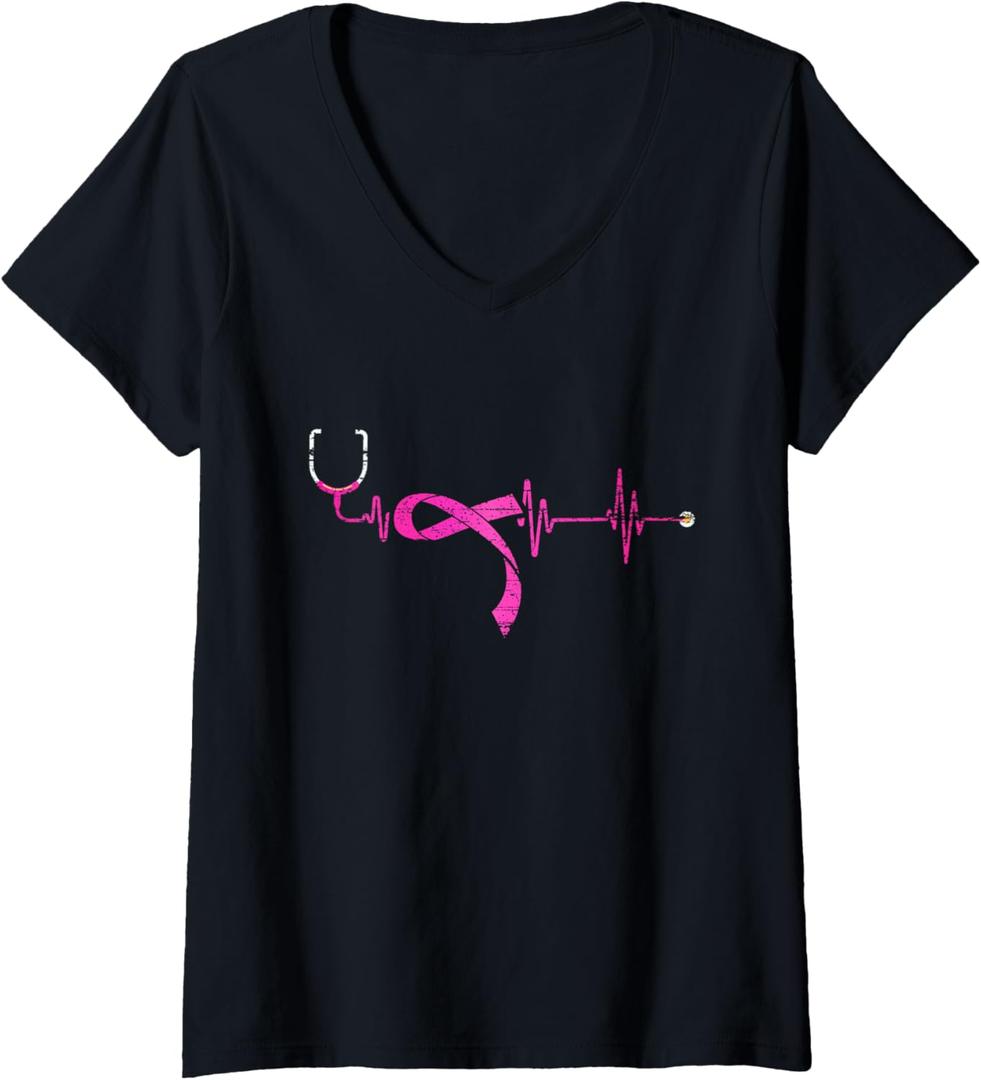 Womens Pink Ribbon Stethoscope Nurse Life Breast Cancer Survivor V-Neck T-Shirt