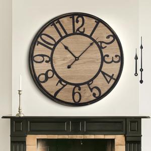 Large Wall Clock for Living Room Decor, Non Ticking Silent, Battery Operated Modern Vintage Wood Oversized Decorative Wall Clock for Bedroom Kitchen Farmhouse Office Decor (32inch, Antique Bronze Metal - Arabic Numerals)