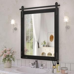 JIINGYO Black Farmhouse Mirror for Wall, 22x30 Inch Wood Framed Rectangle Bathroom Vanity Mirror, Barn Door Style Mirrors Decor Mirror for Living Room Bedroom Entryway