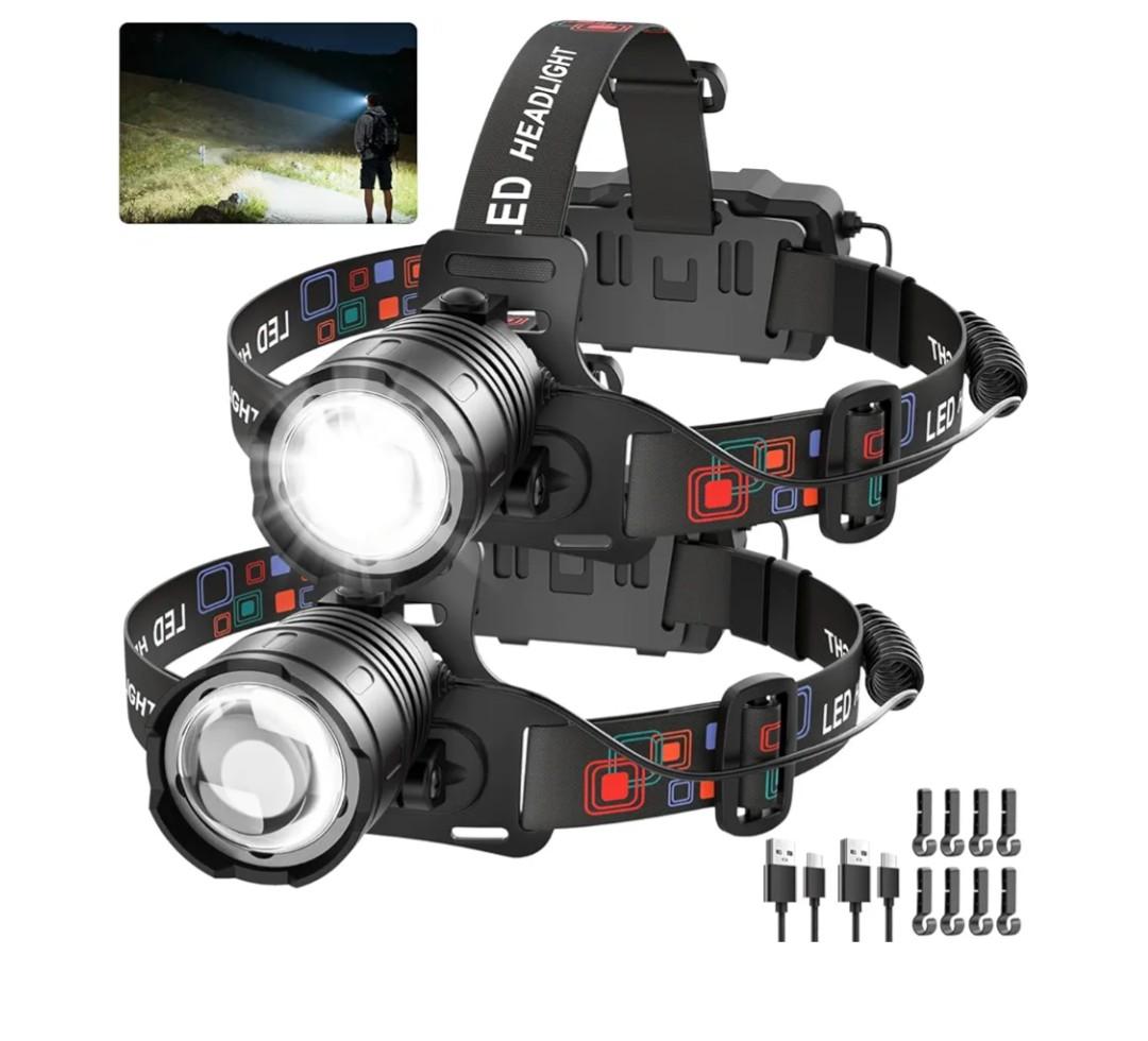 Rechargeable Headlamp High Lumen, 3000L Super Bright Head Lamp, 90° Rotatable Head Lights for Forehead, Adjustable Focus Headlight Flashlight, 4Modes LED Headlamps for Adults Hardhat Camping (2Pack)