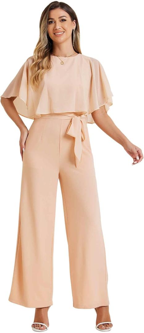 Allegra K Ruffle Sleeve Jumpsuit for Women's Dressy Casual Tie Waist Wide Leg Pants One Piece Outfits (X-Large, Apricot)