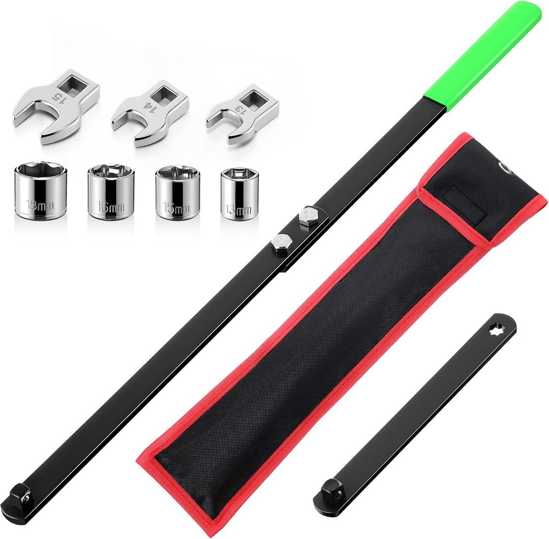 Meonum Universal Serpentine Belt Tool Kit, Tensioner Wrench(Green) | 3/8" & 1/2" Drive Belt Adjust Tightener Wrench Set, 4 Shallow Sockets, 3 Crowfoot, Removal Tool Auto Repair, Maintenance