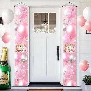BlissYard Birthday Door Banner 12x72 Inch Pink Balloon Sign with Gold Letter Happy Birthday Silver Glitter Balloons Confetti Sparkle Design for Indoor Outdoor Wall Party Decoration Hanging Display
