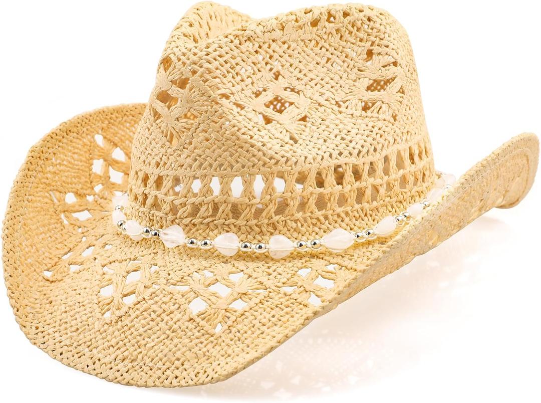 WQWOVRVO Cowboy Hat,Cowgirl Hat,Cowboy Hats for Women/Mens/Straw Wide with Shapeable Brim Cowboy Hat for Womens (Beige)
