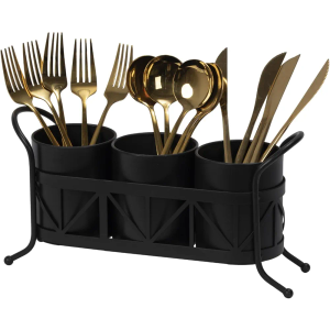 Kitchen Utensil Holder, Silverware Cutlery Organizer, Versatile Flatware Caddy Storage for Forks Spoons Knives, Perfect for Countertop Party Camping - Black Round