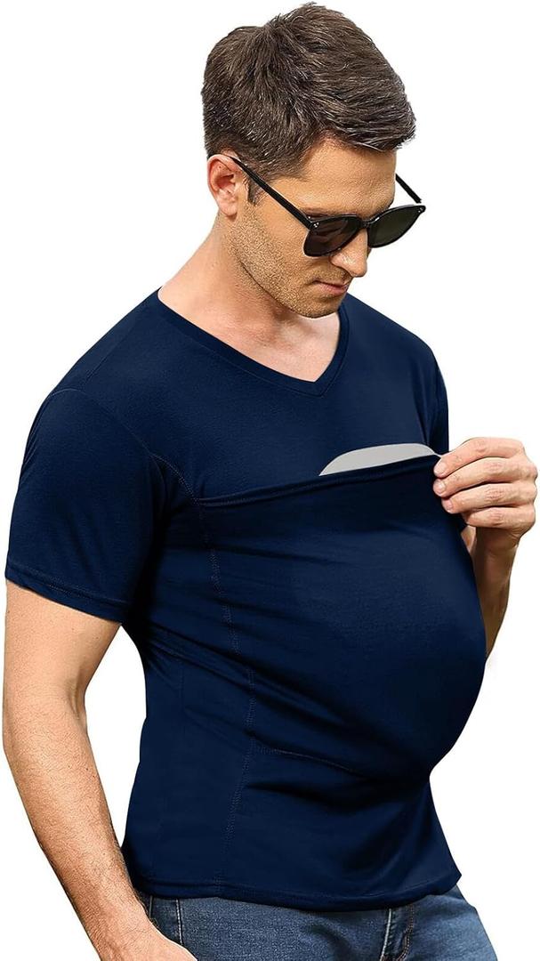 Mens Dad Shirts Baby Carrier Shirt Short Sleeve Skin to Skin New Dad Gifts T-Shirt with Pocket (XX-Large, Navy)
