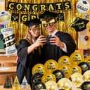 Graduation Decorations 2026, Class of 2026 Party Decorations Set with Banner, 2026 Balloons, Foil Curtains, Hats & Glasses, Black Gold Graduation Party Supplies for High School & College