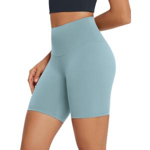 ODODOS High Waist Workout Shorts for Women Tummy Control Workout Gym Athletic Biker Shorts-6" Inseam, Chambray, Medium (M)