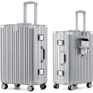 HotWay 20 Inch Aluminum Frame Carry On Luggage with Spinner Wheels, PC Hard Shell Suitcase with Cup Holder, Zipperless Luggage for Business Travel, Silver