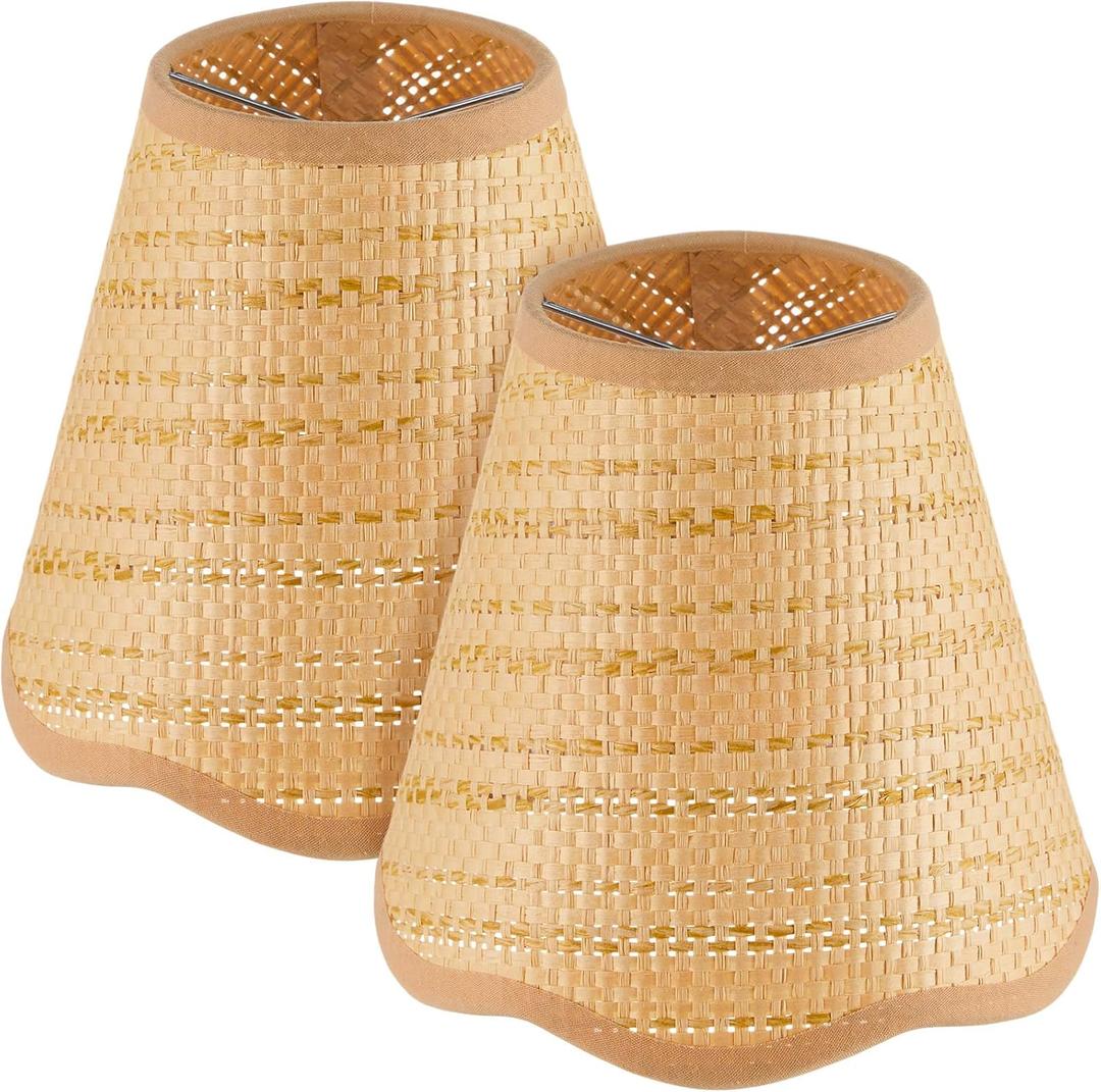Glooglitter Small Clip-on Chandelier Rattan Lamps Set Shade Scalloped Lampshade 3"top x 6"bottom x 5-1/4"slant Height Empire Lamp Shade Chandelier or Accent Lamp(Woven,Boho,2 Pcs)
