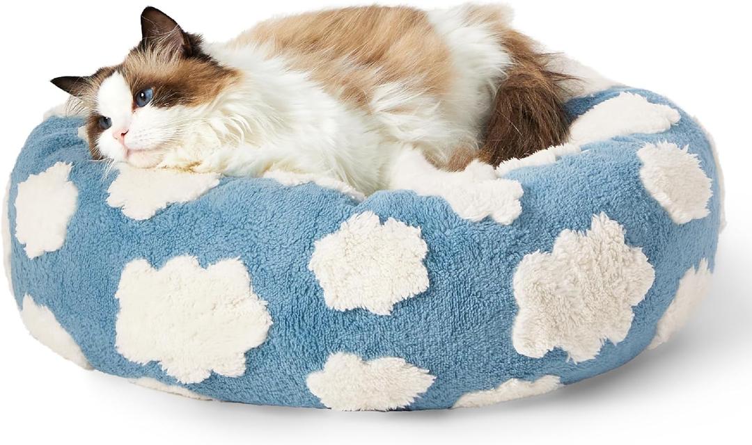 LE SURE Donut Cat Beds for Indoor Cats - Small Round Dog Bed for Calming Pets as Gift with Washable Cover, Cute Modern Puppy Beds with Jacquard Shaggy Plush & Anti Slip Bottom, 20 Inch, Blue (Cozy Clouds Blue)