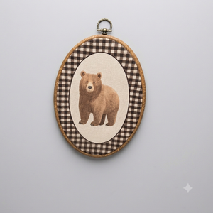 QZQE Bear Nursery Oval Wall Art Decor Framed, Kids Room Oval Canvas Prints, Neutral Gingham Bear Wild Animal Nursery Wall Hanging Decor for Kids Baby Toddler Boy Room Bedroom Playroom, 8.6x11.4 Inch