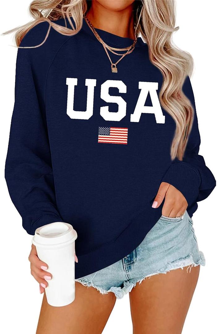 Dressmine Womens USA Shirt Casual Long Sleeve Graphic Tees Knit Crew Neck Sweatshirts Loose Pullover, Large, 00 Navy Blue