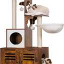 Heybly Cat Tree, Wood Litter Box Enclosure with Food Station, All-in-one Indoor Cat Furniture with Large Platform and Condo, Modern Style Cat Tower, Hammock, Rustic Brown HCT103SR