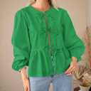 PRETTYGARDEN Women's Spring Fall Babydoll Peplum Blouse Shirt Puff Long Sleeve Bow Tie Front Trendy Cute Y2K Going Out Tops (Green, L)