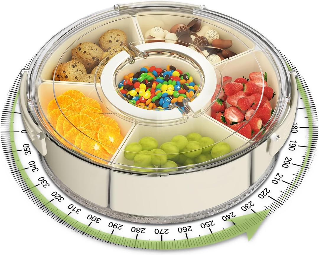 Divided Serving Tray with Lid and Handle, Portable Snackle Box for Veggie, Fruit Snacks Organizer, Clear Snack Spinner Container for Outdoor, Kitchen, Party, Travel