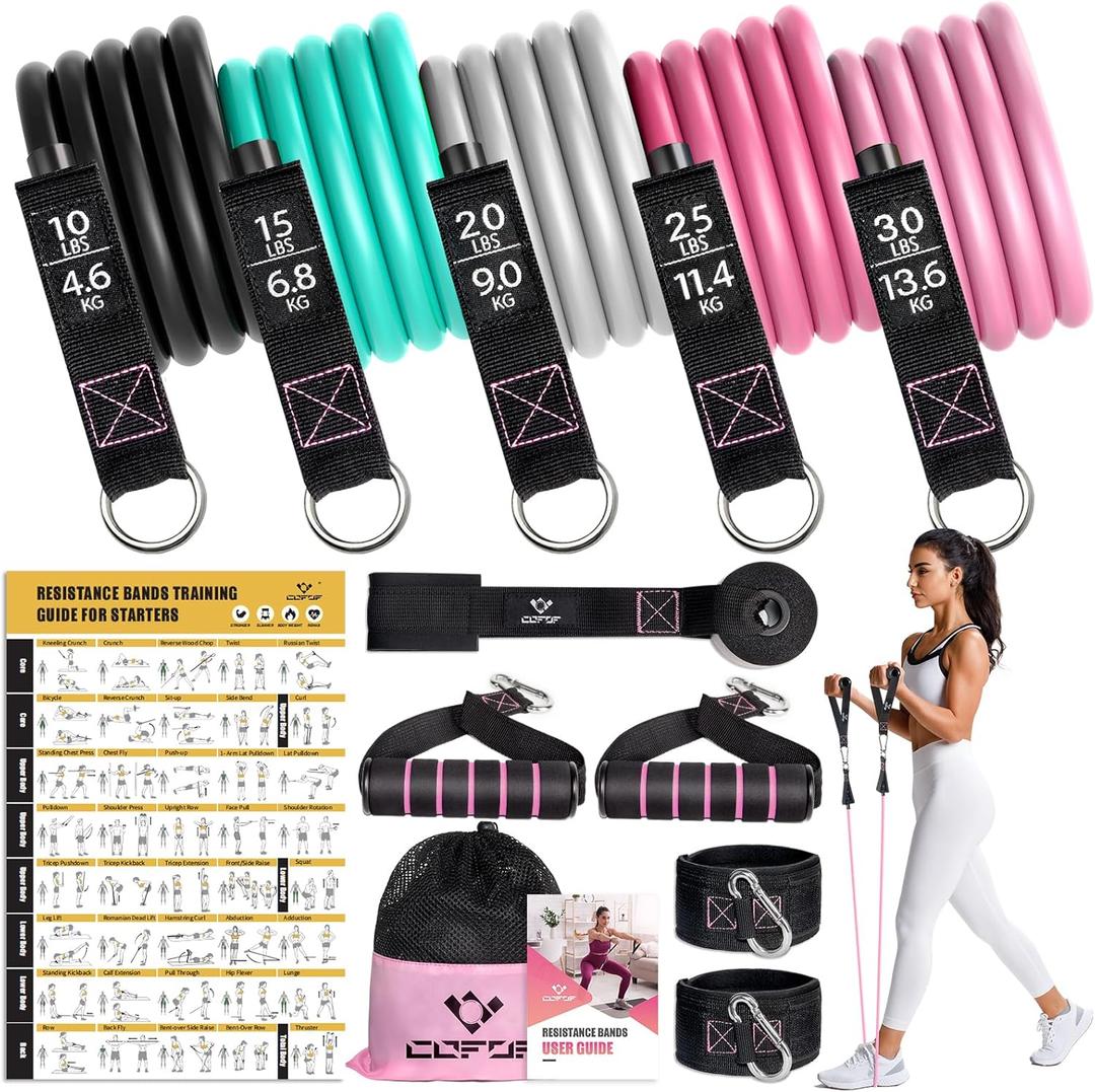 Resistance Bands with Handles for Women, 5 Level Exercise Bands Workout Bands for Physical Therapy, Yoga, Pilates, Door Anchor, Storage Pouch (10-100 LBS Colour)