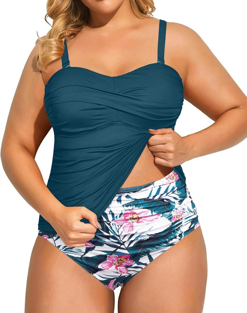 Aqua Eve Women Two Piece Plus Size Tankini Strapless Bathing Suits Bandeau Swimsuits with High Waisted Bottom Teal Flower 18W