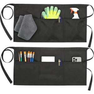 2-Pack Black Server Aprons with 3 Pockets, Adjustable Water-Resistant Waist Half Apron for Waitress & Bartender
