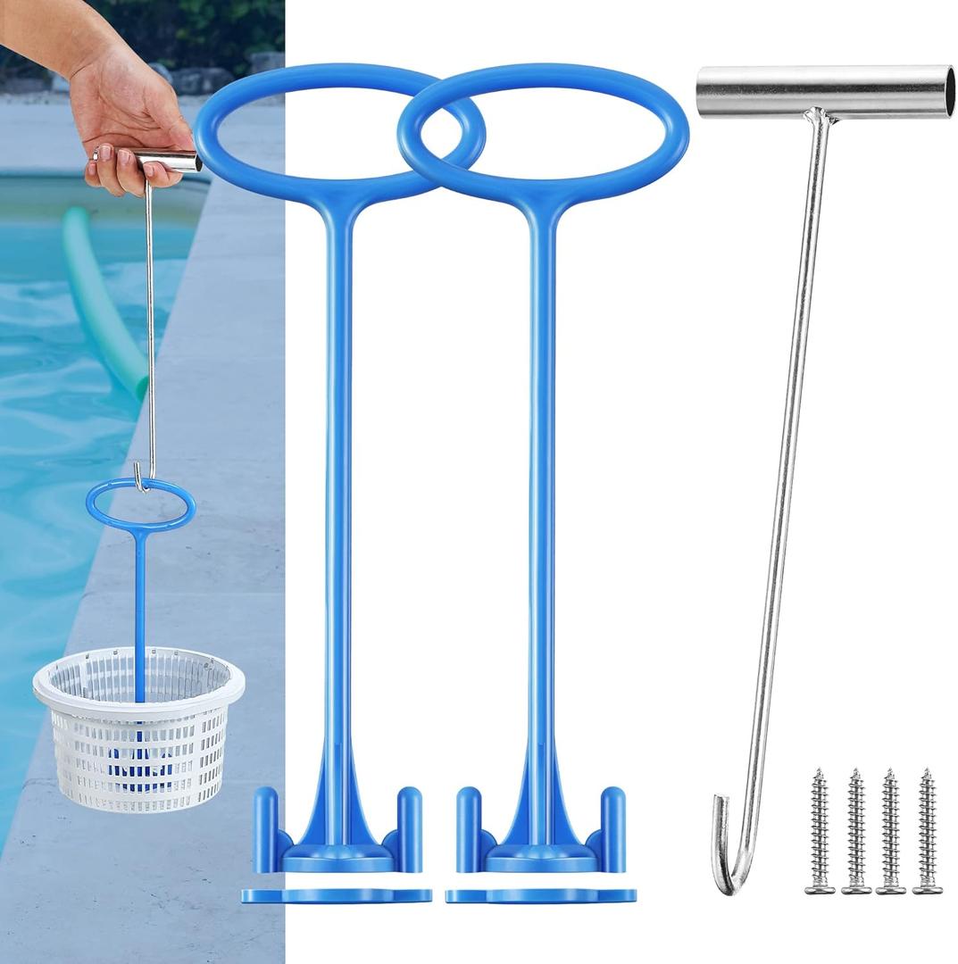 Dreyoo Pool Skimmer Basket Handle, Universal Skimmer Basket Hook Tool with Handle for Inground Above Pool Debris Removal, Keeps Hands Clean and Safe(2 Pieces)