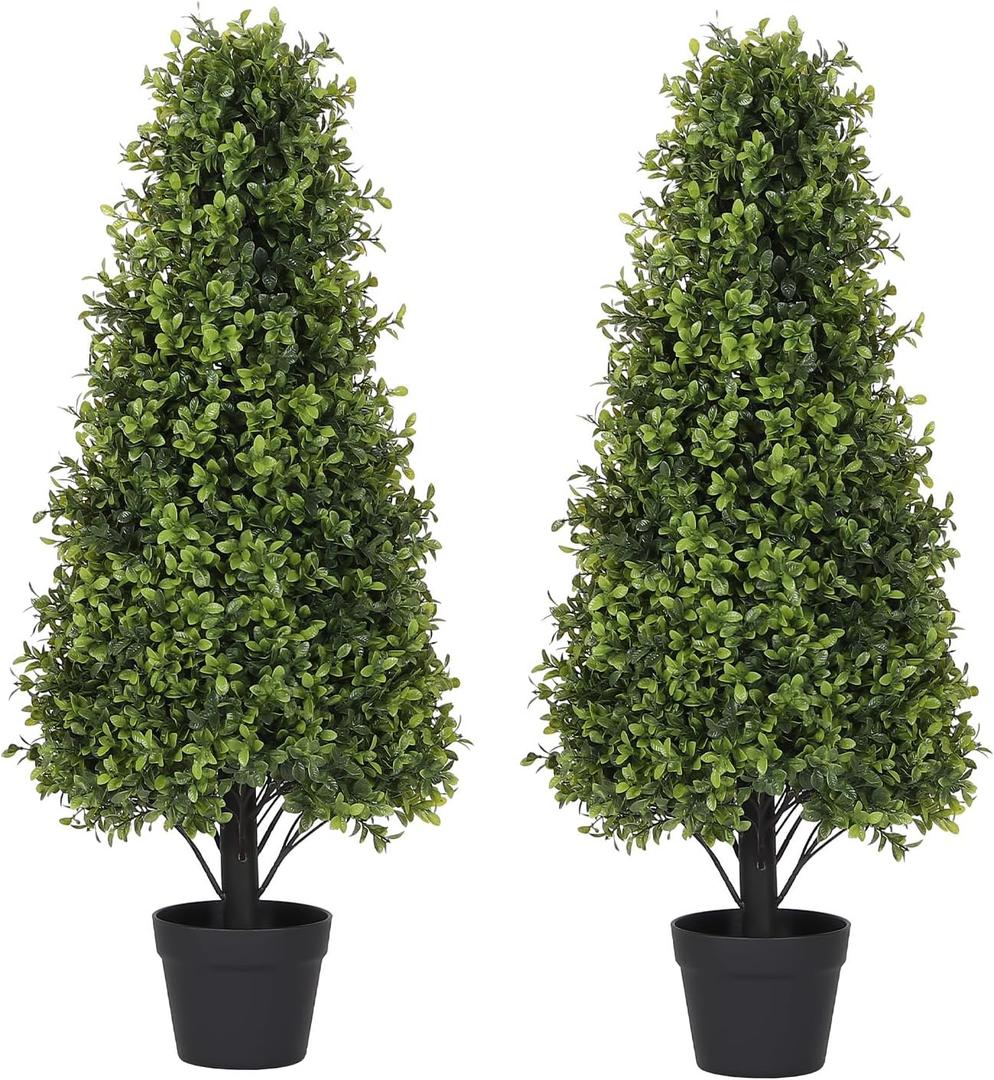 3ft Artificial Boxwood Topiary Trees (Set of 2) - UV Resistant Faux Plants Outdoor, Realistic 36" Fake Cone Bushes and Shrubs for Front Porch, Planter, Patio - Low Maintenance & Evergreen (Topiary2)