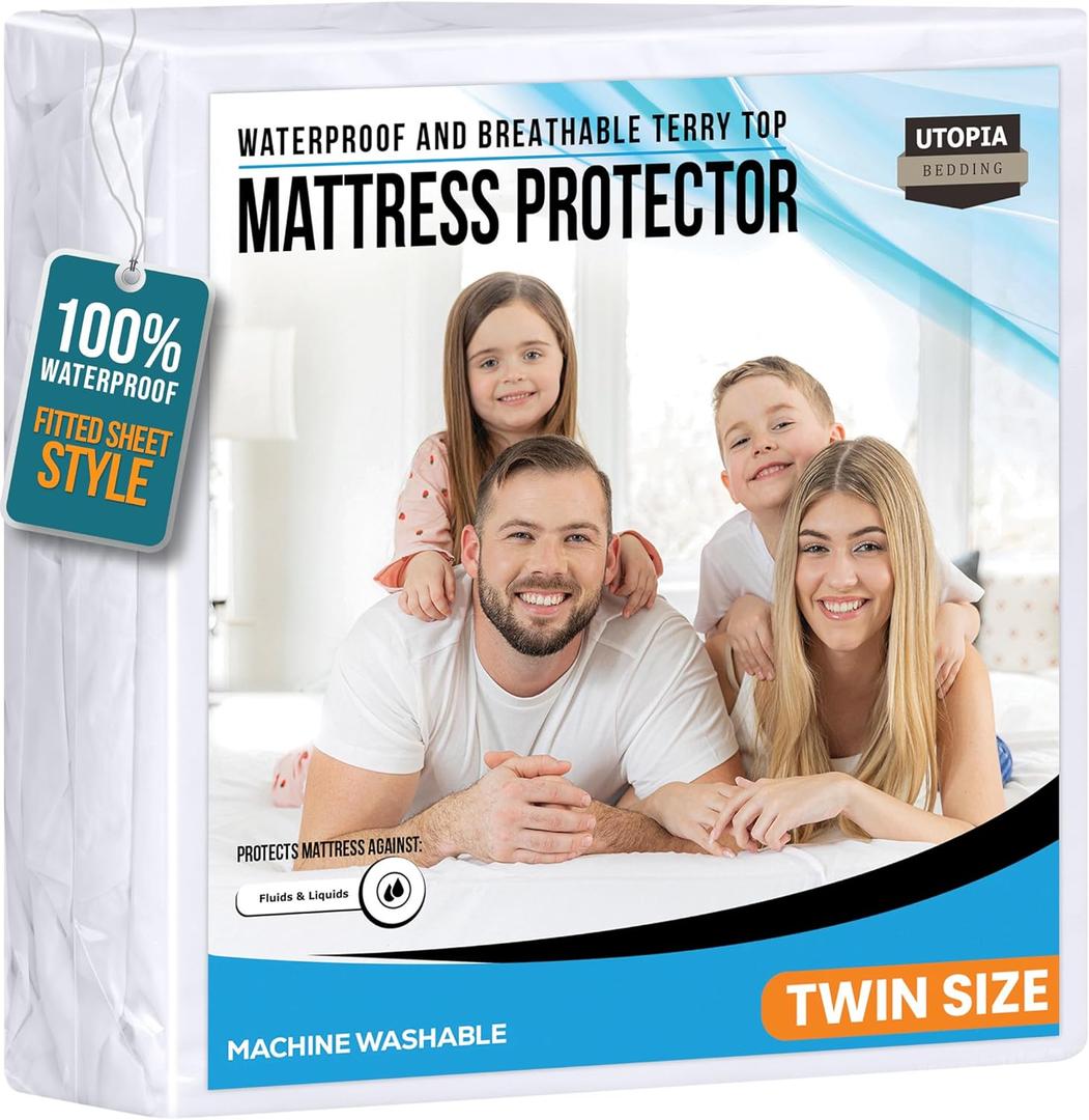 Twin Size Mattress Protector Waterproof, Premium 200 GSM Terry Mattress Cover, Soft & Breathable Bed Cover, Fitted Sheet Style Stretchable Deep Pockets 15" by Utopia Bedding (White)