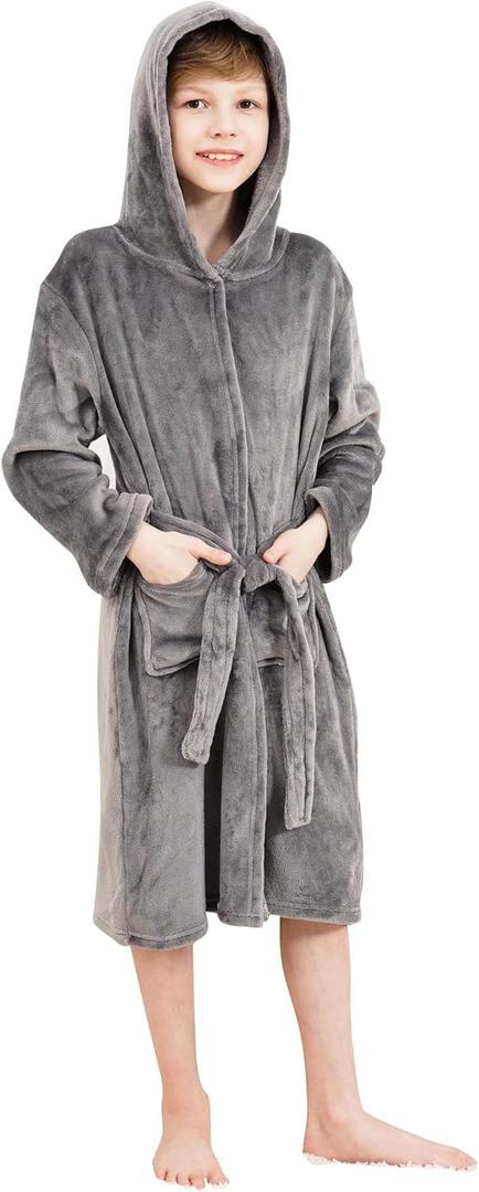 Doctor Unicorn Boys Soft Hooded Bathrobe Kids Warm Gamer Fleece Robe Sleepwear (12-13 Years, Gray)